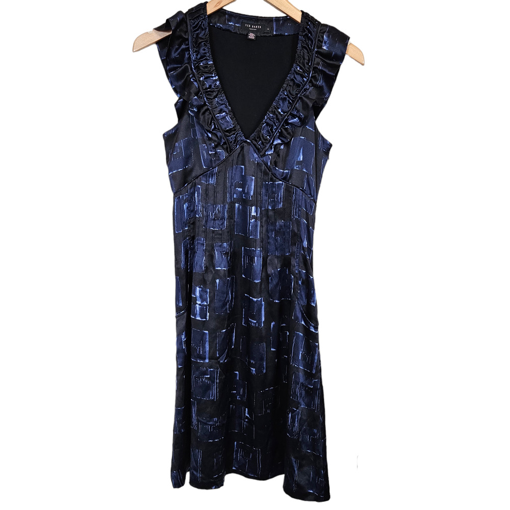 Ted Baker Silk V Neck Sheath Dress Black‎ Blue Print Womens 4